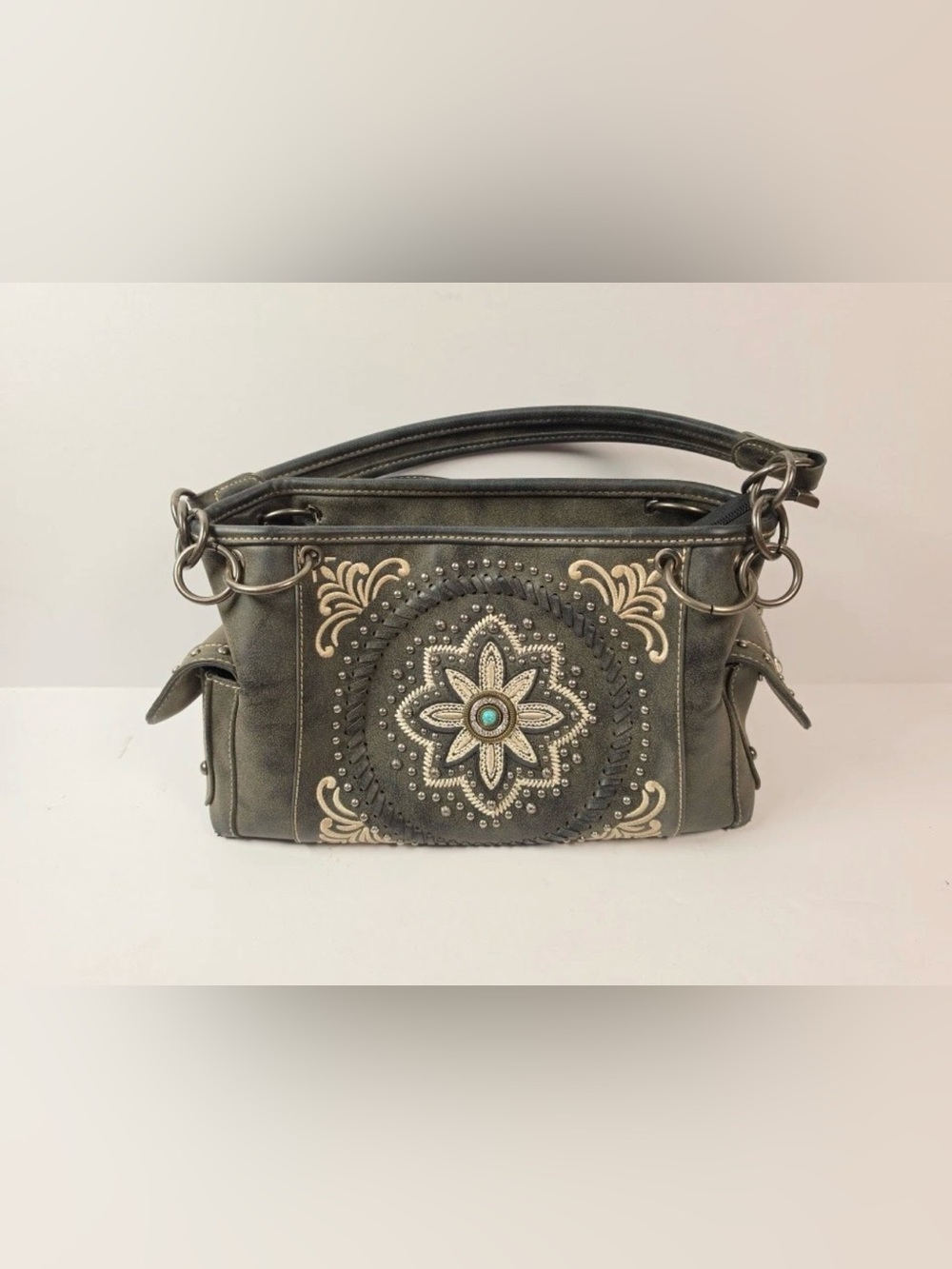 American Bling Gray Western Studded Embroidered Shoulder Handbag Purse Turquoise